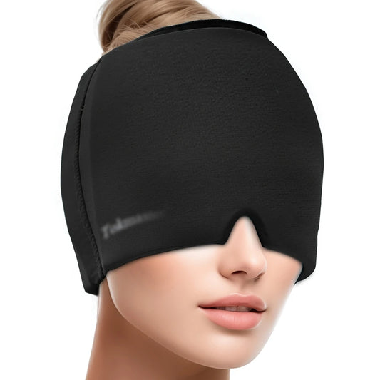 Person wearing IceLuxe Relief Cap™, cooling gel easing headaches and tension.